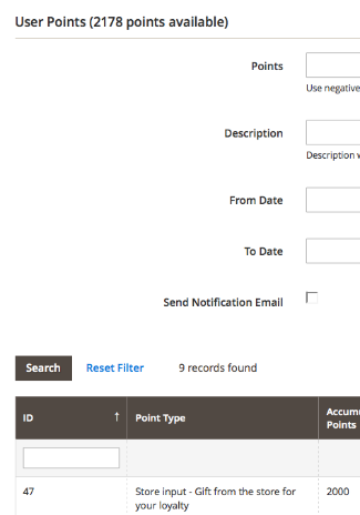 Points from customer account in admin