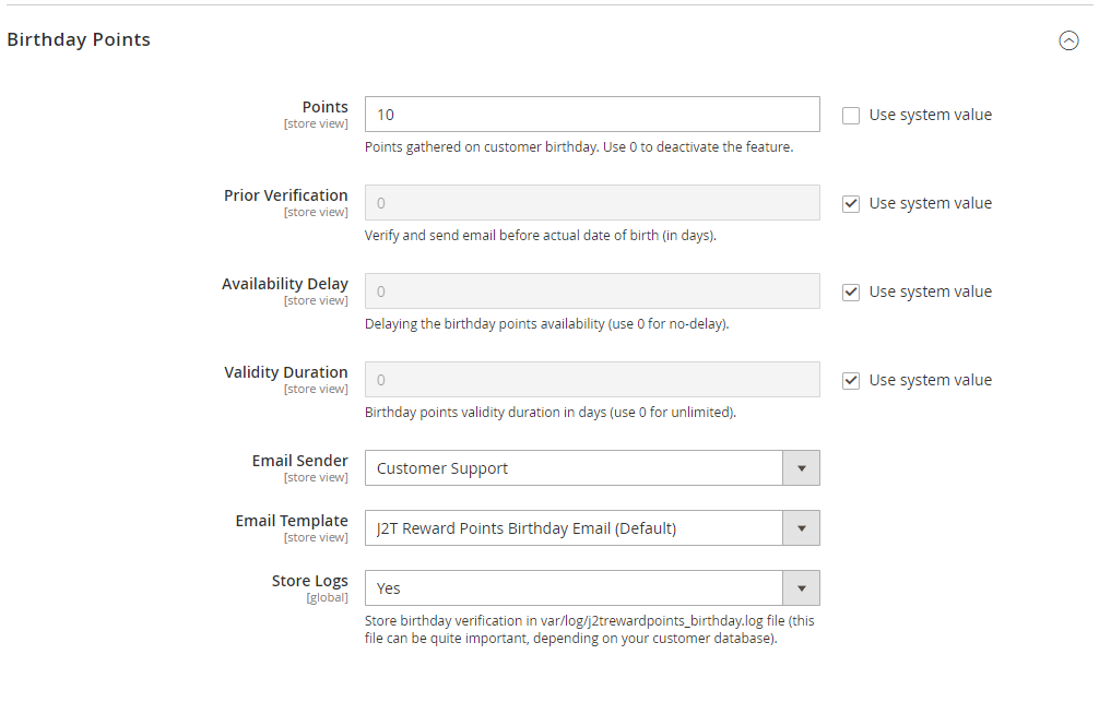 J2T Points & Rewards - Points on birthday